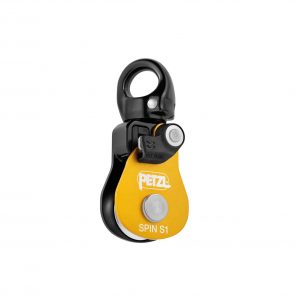 Auf makellos weißem Hintergrund ist eine Seilrolle in Gelb- und Schwarztönen mit Drehgelenk abgebildet, die die „Seilrolle Petzl SPIN S1“ elegant in Szene setzt.