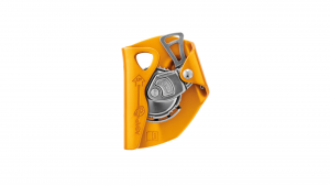 Das Auffanggerät Petzl ASAP ist ein mechanisches Klettergerät in Gelb und Silber mit elegantem Design und Zahnrädern und Metallkomponenten, die für sicheres Klettern konzipiert wurden. Auf der Oberfläche befinden sich Pfeile und Textmarkierungen, die klare Gebrauchsanweisungen bieten.