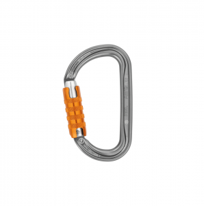 Ein Karabiner von Petzl Am'D im eleganten silbernen Design mit orangefarbenem Schraubverschlussmechanismus, ideal zum Klettern und für Sicherheitszwecke, präsentiert vor einem schlichten weißen Hintergrund.