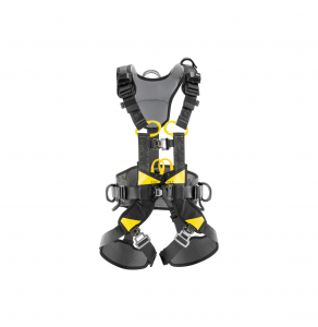 Wir präsentieren den Auffanggurt Petzl Volt Wind: einen schwarz-gelben Sicherheitsgurt mit verstellbaren Riemen und Metallschnallen für sicheres und bequemes Tragen. Er ist perfekt für Arbeiten im Wind geeignet und verfügt über mehrere Befestigungspunkte und eine Polsterung für ergonomische Unterstützung. Der Gurt ist vor einem weißen Hintergrund abgebildet.
