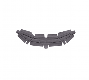 Das Komfortpolster Petzl Helmpolster ist ein schwarzes, segmentiertes Schutzpolster mit eckigen, ineinandergreifenden Abschnitten, die sich nahtlos um die Rückseite eines Helms oder ähnlicher Ausrüstung legen. Das Design mit gleichmäßig verteilten Abschnitten sorgt für Flexibilität und Komfort.
