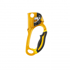 Die Handsteigklemme Petzl ASCENSION ist eine gelb-schwarze Steigklemme mit einem bequemen Griff, die für eine effiziente vertikale Seilbewegung konzipiert ist. Sie verfügt über einen Nockenmechanismus, ein Loch zur Befestigung eines Karabiners und bietet ein ergonomisches Design für eine einfachere Handhabung beim Klettern.
