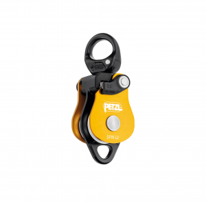 Ein hochwertiges Foto der Seilrolle Petzl SPIN L2 hebt ihren gelben Körper mit schwarzen Akzenten hervor, der über zwei Befestigungspunkte und das markante weiße Petzl-Logo verfügt. Sie ist speziell für Kletter- und Rettungseinsätze konzipiert.