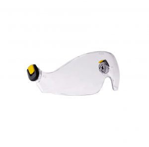 Das Schutzvisier Petzl VIZIR verfügt über ein stromlinienförmiges, geschwungenes Design, ergänzt durch verstellbare gelbe und schwarze Knöpfe an den Seiten für bessere Passform und Schutz.