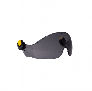 Die Sonnenbrille Schutzvisier Petzl VIZIR Shadow verfügt über ein modernes, minimalistisches Wraparound-Design mit dunklen Gläsern und einem dezenten gelben Akzent auf der linken Seite und ist damit die ideale Wahl für einen sportlichen oder abenteuerlichen Stil.