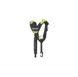 Der Brustgurt Edelrid VECTOR CHEST Y ist ein schwarz-neongrüner Klettergurt mit verstellbaren Gurten und Karabiner, der beim Klettern Sicherheit und Halt bietet. Auf dem Gurt ist die Marke „EDELRID“ in weißer Schrift zu sehen.