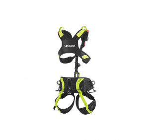 Bild eines Auffanggurts Edelrid Vector X Klettergurt in Schwarz und Grün mit Vector X-Technologie. Er verfügt über verstellbare Gurte für die Sicherheit bei Outdoor-Aktivitäten wie Klettern und Abseilen. Der Gurt ist mit einer zentralen Schlaufe zum Befestigen von Ausrüstung und mehreren Schnallen zur sicheren Befestigung ausgestattet.